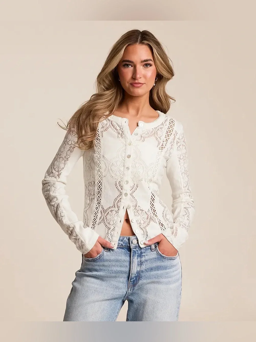 Free people Jae Sheer Lace Knit Long Sleeve Top